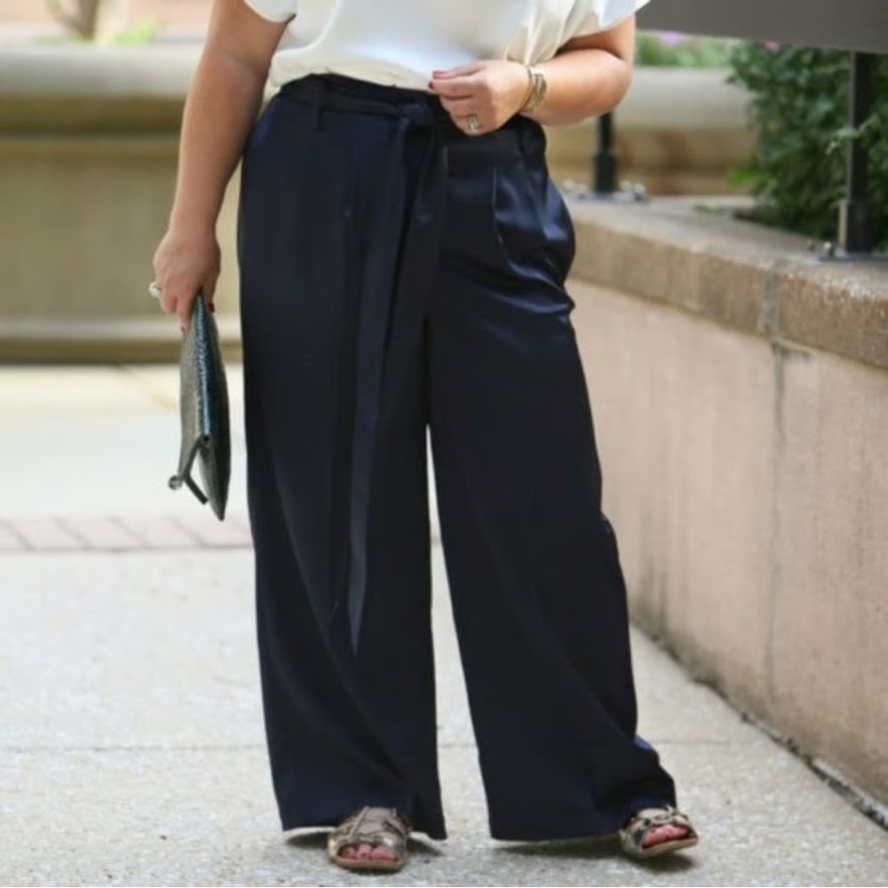 Universal Standard Tresa Satin Tie Waist Navy Wide-Leg Pants